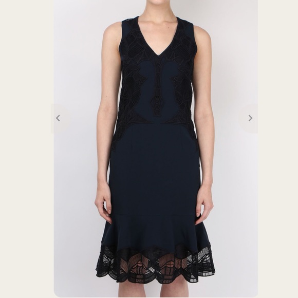 Jonathan Simkhai Navy Crepe V-Neck Dress with Lace Appliqué - Picture 1 of 12